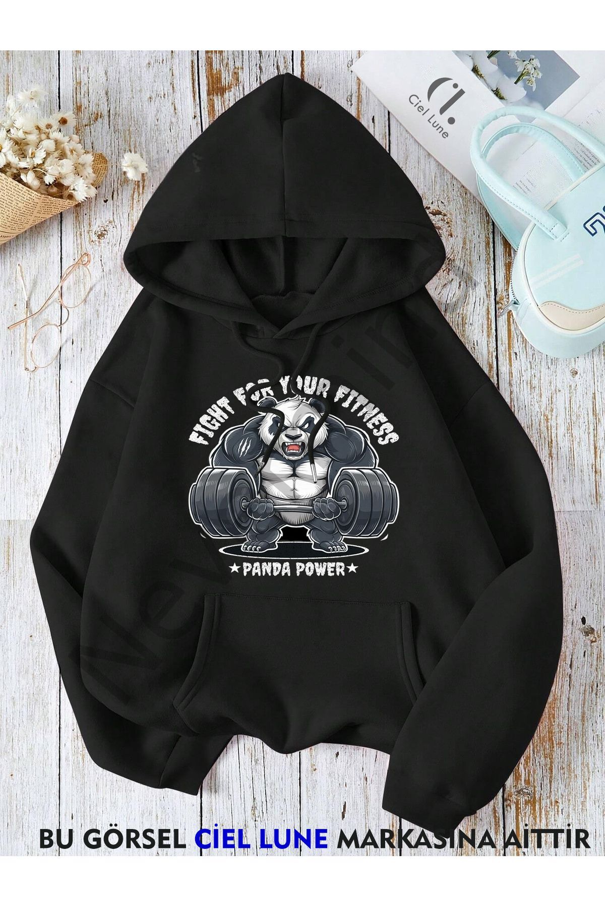 Unisex Panda Power GYM Baskılı Oversize Baskılı Kapşonlu Sweatshirt 3 Iplik