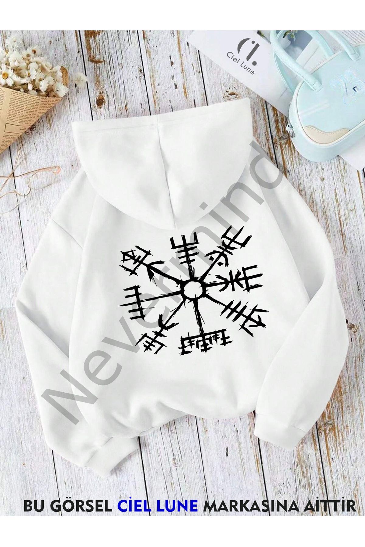 Unisex Viking Compass Vegvisir Printed Oversize Hooded Sweatshirt 3 Yarn