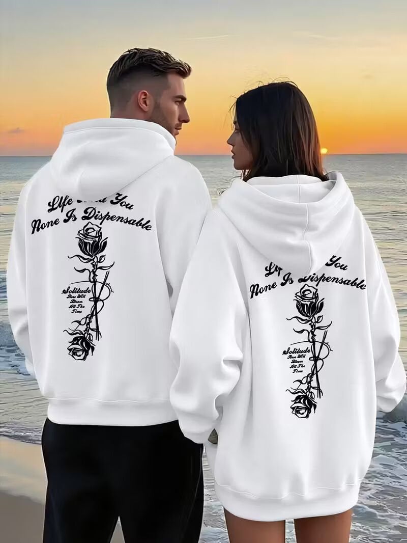 Sevgili Çift Kombini 2’li Gül ve Yazı Baskılı Unisex Sweatshirt – Romantik Tarz Oversize