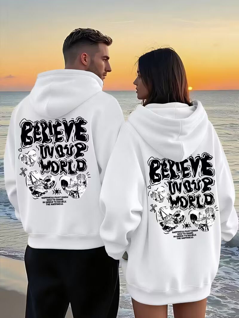 Believe In Your World Yazılı Sevgili Kombini Hoodie – Unisex Oversize Siyah Sweatshirt 2'li Set
