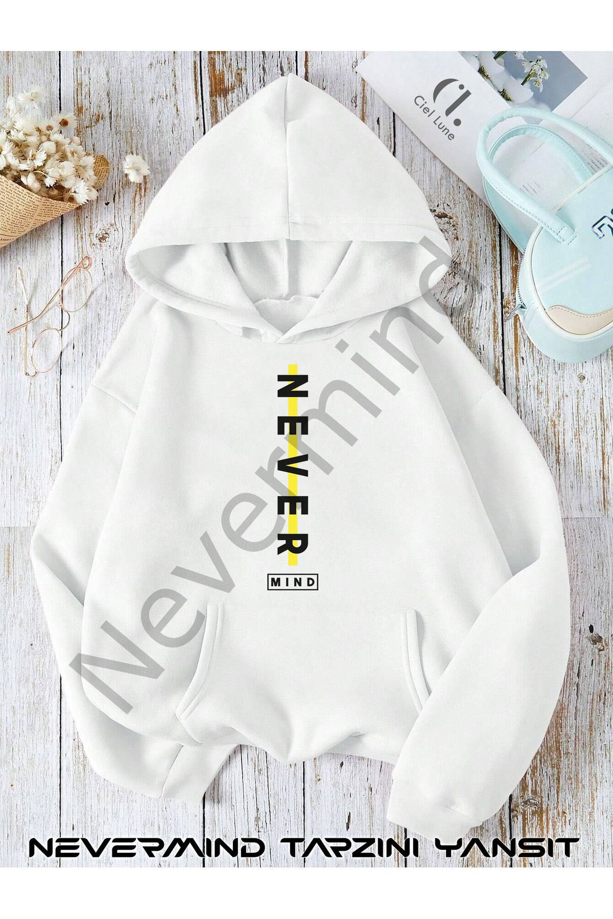 Unisex Nevermind Slogan Düz Baskılı Oversize Baskılı Kapşonlu Sweatshirt 3 Iplik