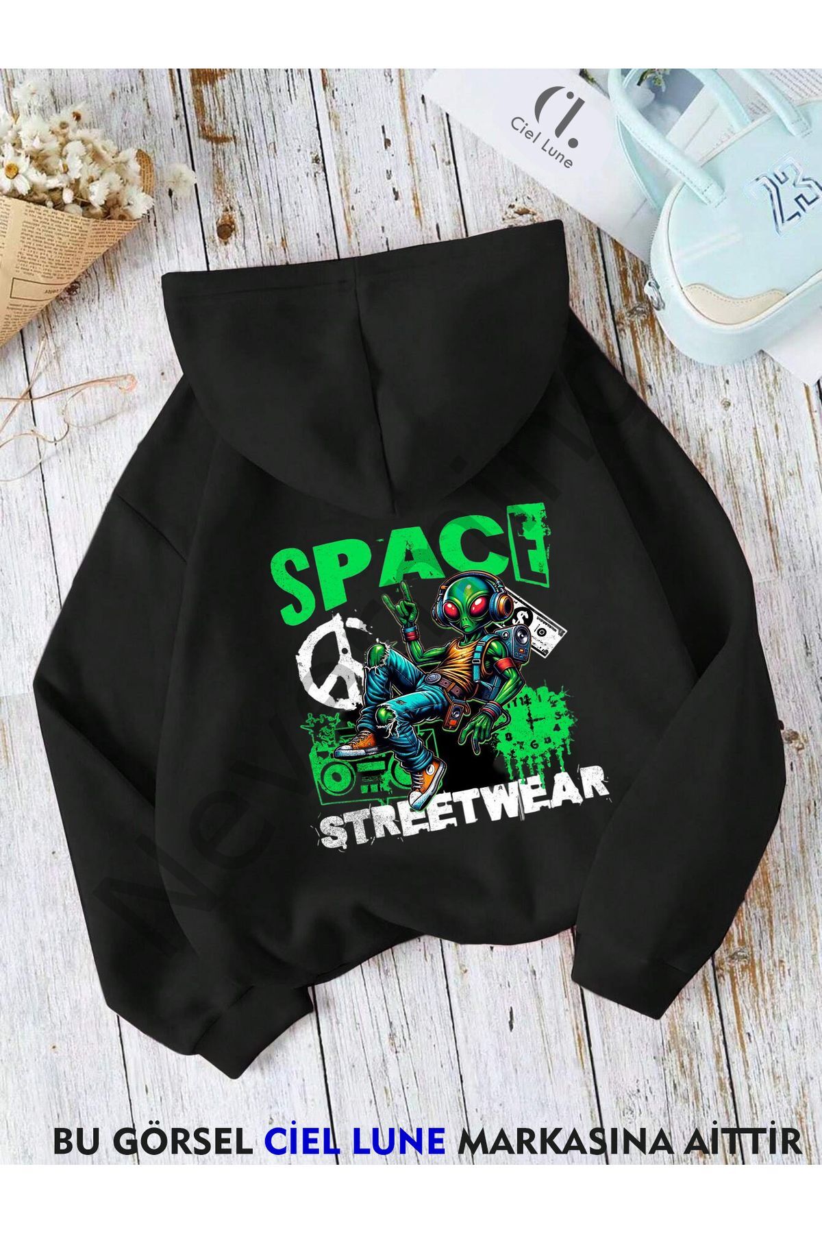 Unisex Space Wear Printed Oversize Printed Hooded Sweatshirt 3 Yarn