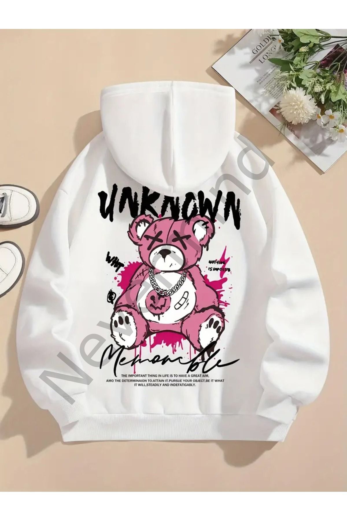 Unisex Unknowm Baskılı Oversize Baskılı Kapşonlu Sweatshirt 3 Iplik