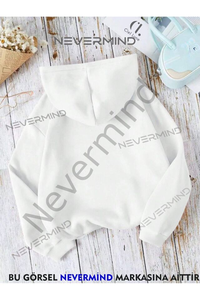 Unisex Nevermind Slogan Ön Tasarım Baskılı Oversize Baskılı Kapşonlu Sweatshirt 3 Iplik