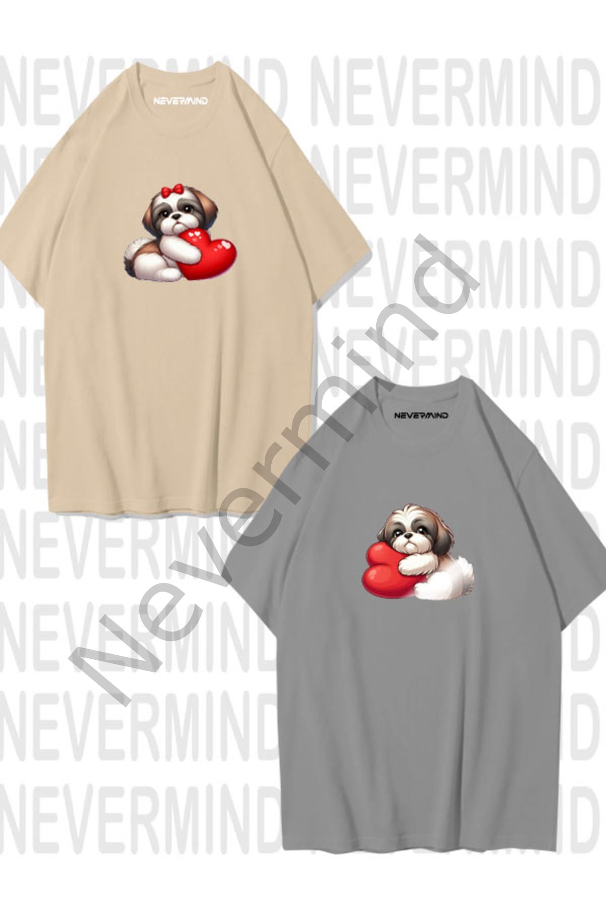 Lover Combination Süßes Hunde- und Herz-Print Oversize Unisex Paar-T-Shirt
