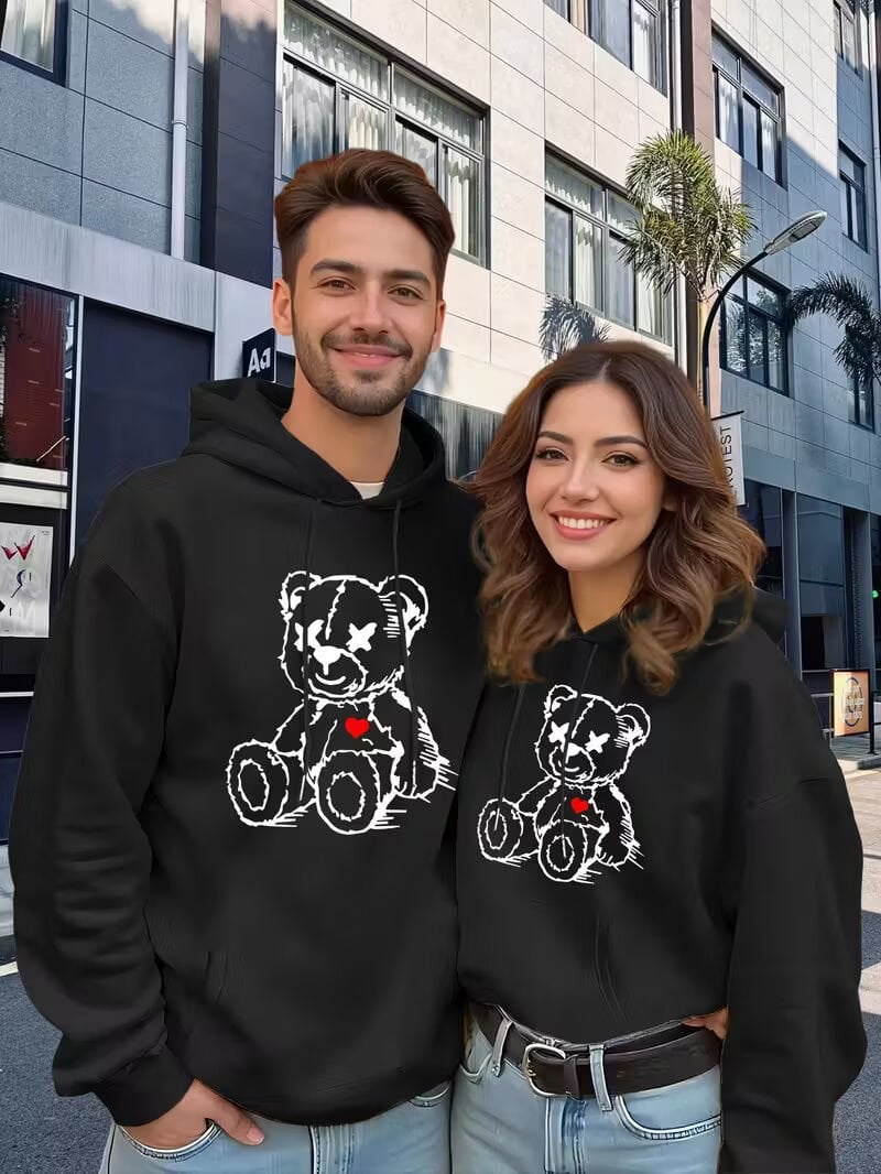 Sevgili Çift Kombin Ayıcık Baskılı Kapüşonlu Sweatshirt 2li Set Takım 3 İplik