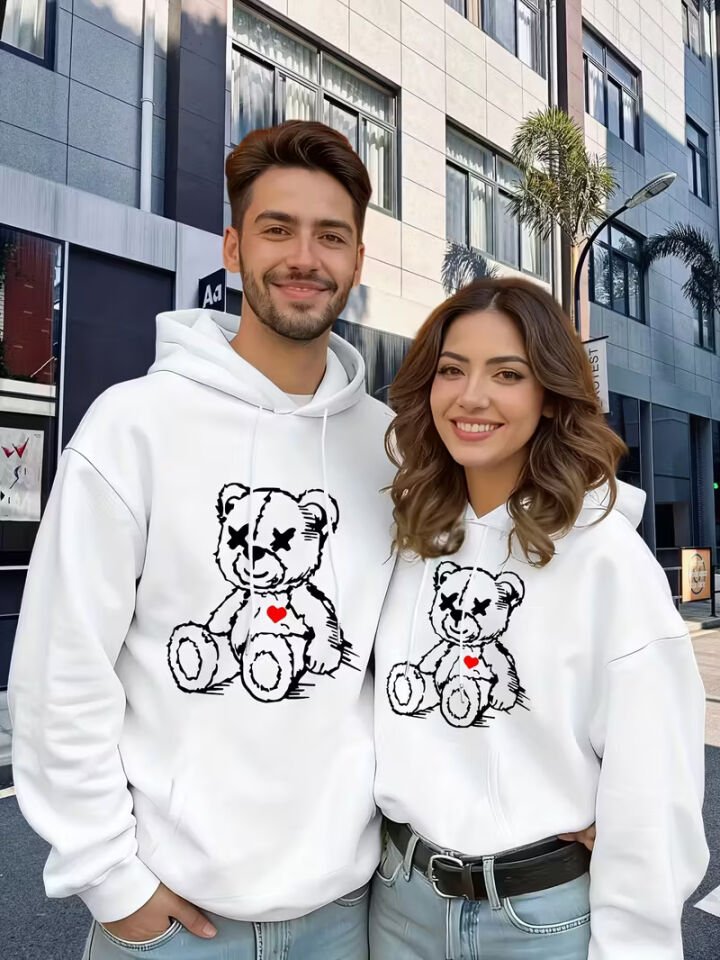 Sevgili Çift Kombin Ayıcık Baskılı Kapüşonlu Sweatshirt 2li Set Takım 3 İplik