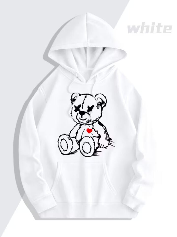 Sevgili Çift Kombin Ayıcık Baskılı Kapüşonlu Sweatshirt 2li Set Takım 3 İplik