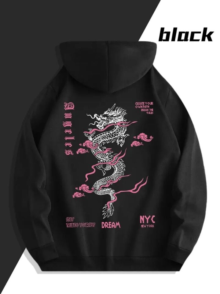 Sevgili Çift Kombin Ejderha Desenli Baskılı Renk Kapüşonlu Sweatshirt 2li Set Takım 3 İplik Pamuk