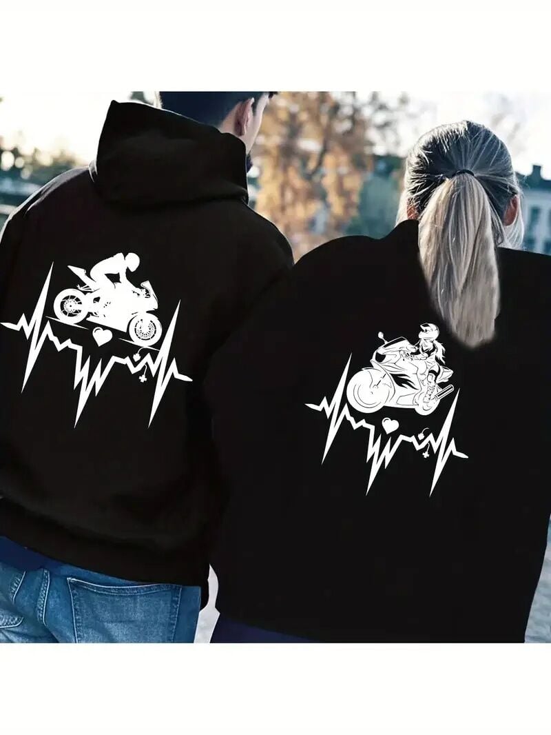 Sevgili Kombini Oversize Hoodie – Motosiklet Kalp Ritmi Baskılı 3 İplik Unisex Sweatshirt 2'li