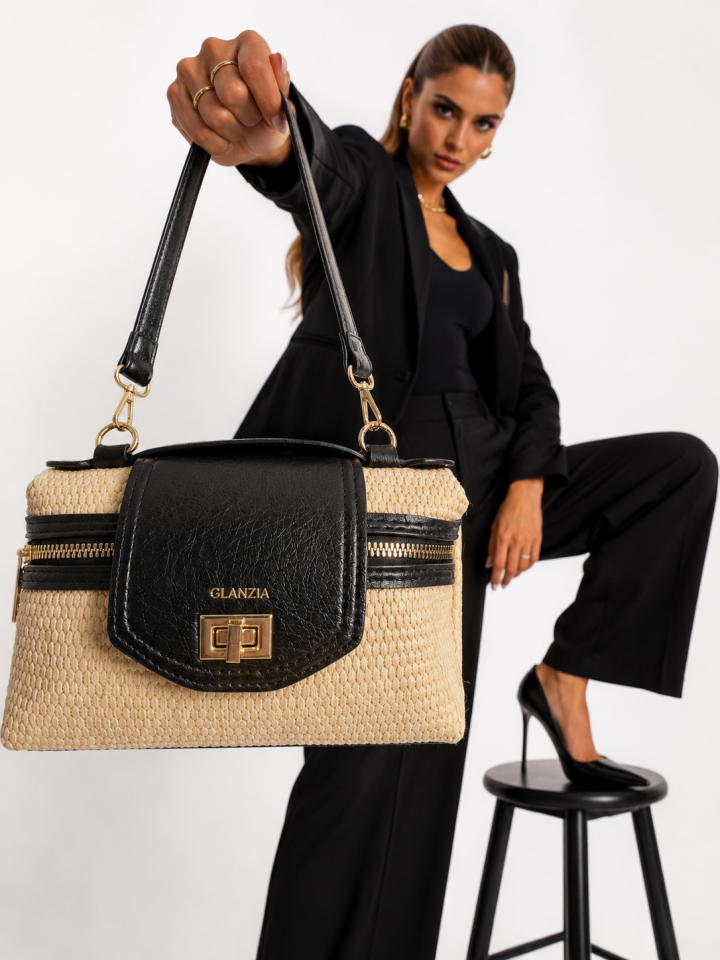 GLANZIA Aura Noir Straw Vanity Bag