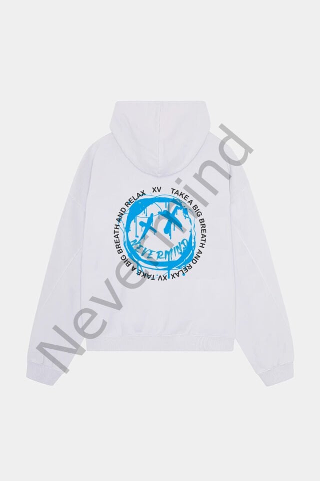 Unisex Beyaz Kapüşonlu Sweatshirt - Mavi Nevermind Baskılı Oversize Hoodie