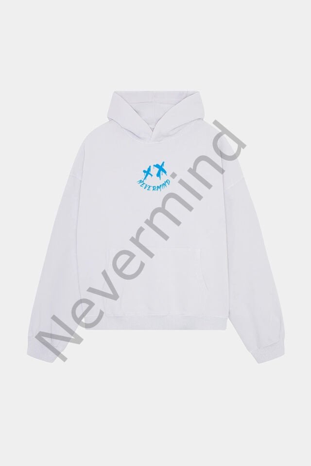 Unisex Beyaz Kapüşonlu Sweatshirt - Mavi Nevermind Baskılı Oversize Hoodie