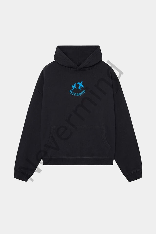 Unisex Beyaz Kapüşonlu Sweatshirt - Mavi Nevermind Baskılı Oversize Hoodie