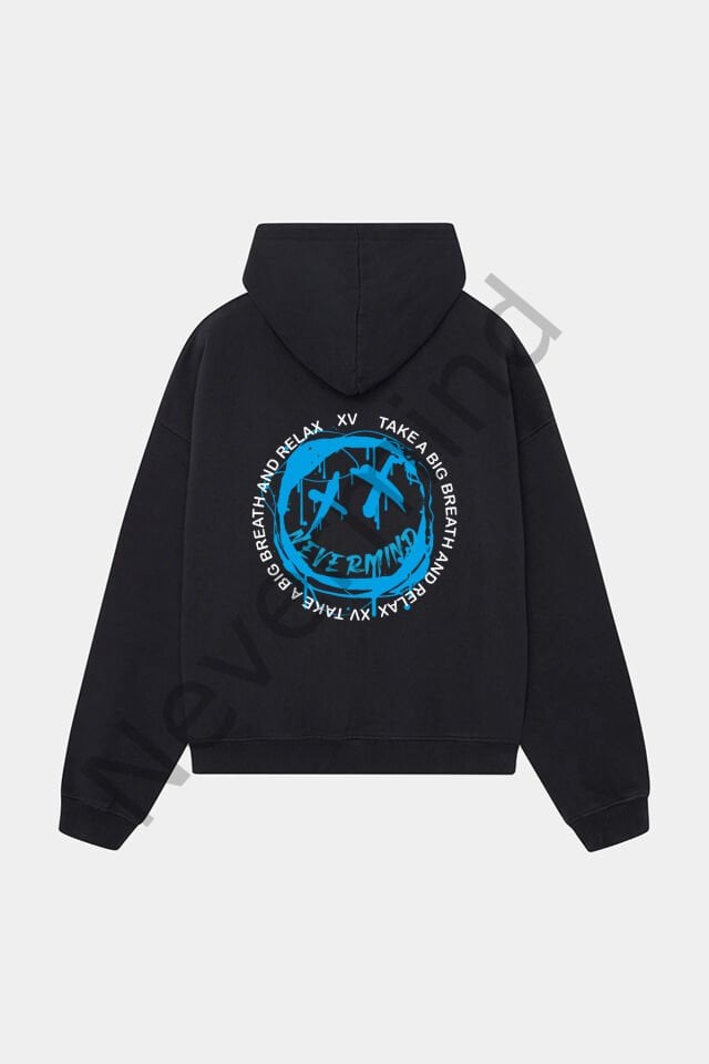 Unisex Beyaz Kapüşonlu Sweatshirt - Mavi Nevermind Baskılı Oversize Hoodie