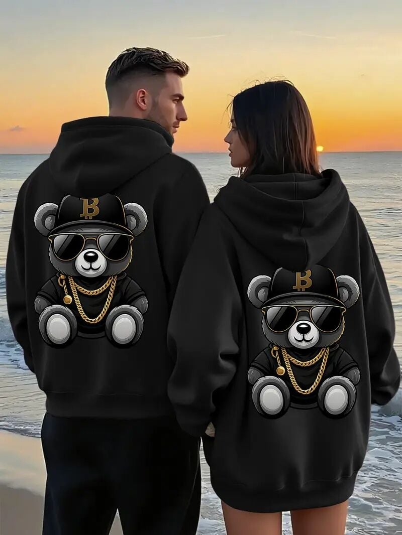 Sevgili Kombini Oversize Hoodie – Cool Ayıcık Baskılı 3 İplik Sweatshirt Unisex 2'li Set