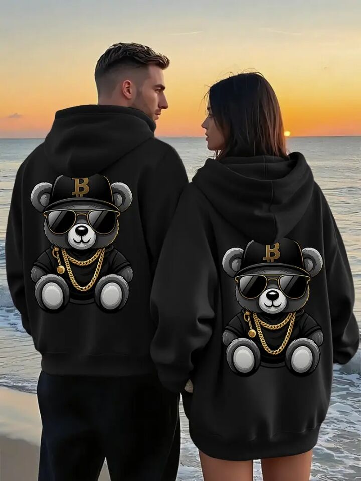 Sevgili Kombini Oversize Hoodie – Cool Ayıcık Baskılı 3 İplik Sweatshirt Unisex 2'li Set