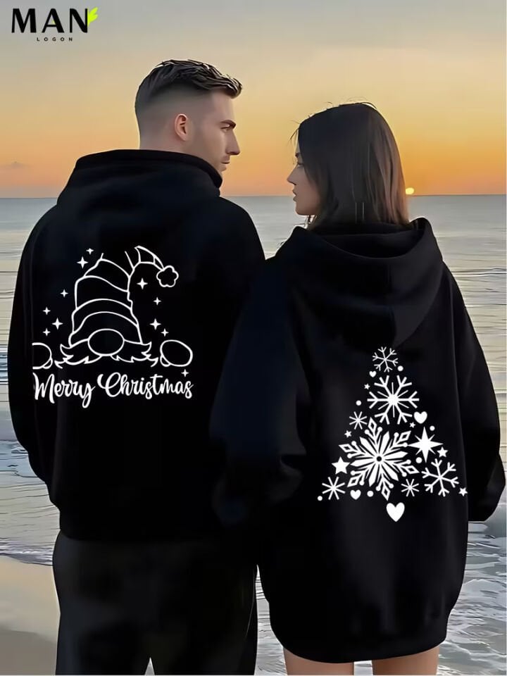 Merry Christmas Sevgili Kombini Hoodie – Unisex Oversize Çift Sweatshirt 2’li Set