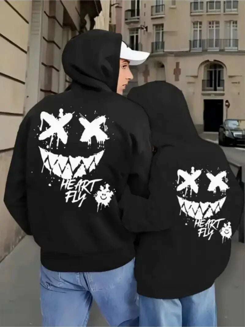 Heart Fly Arka Baskı Oversize Hoodie – Çift Kombini 3 İplik Kalın Kumaş Sweatshirt 2'li Set