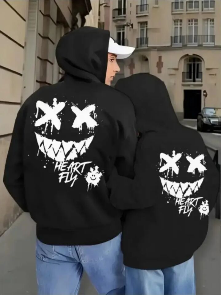 Heart Fly Arka Baskı Oversize Hoodie – Çift Kombini 3 İplik Kalın Kumaş Sweatshirt 2'li Set