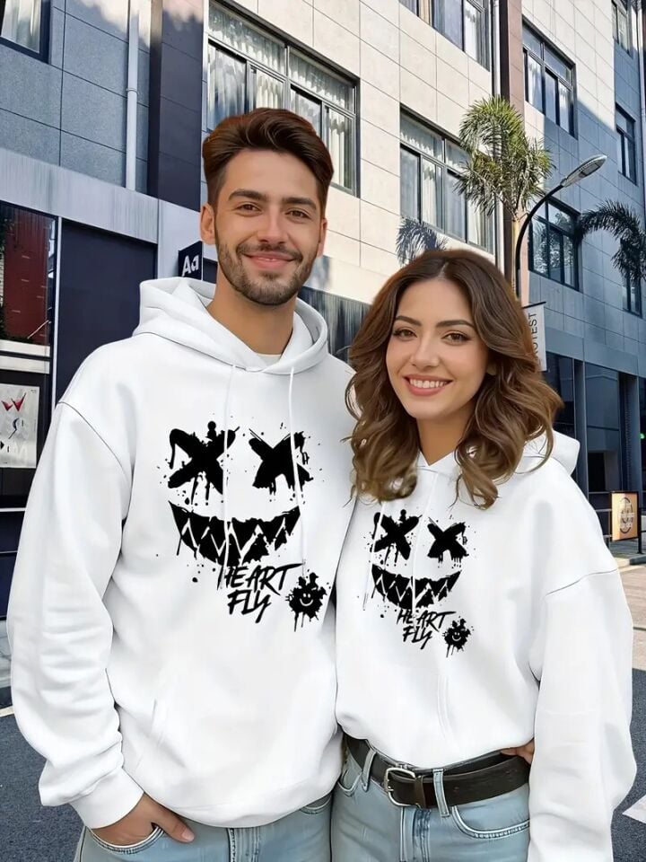 Sevgili Kombini Oversize Hoodie – Heart Fly Gülüş Baskılı 3 İplik Unisex Sweatshirt 2'li