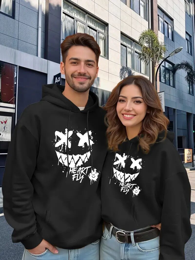 Sevgili Kombini Oversize Hoodie – Heart Fly Gülüş Baskılı 3 İplik Unisex Sweatshirt 2'li