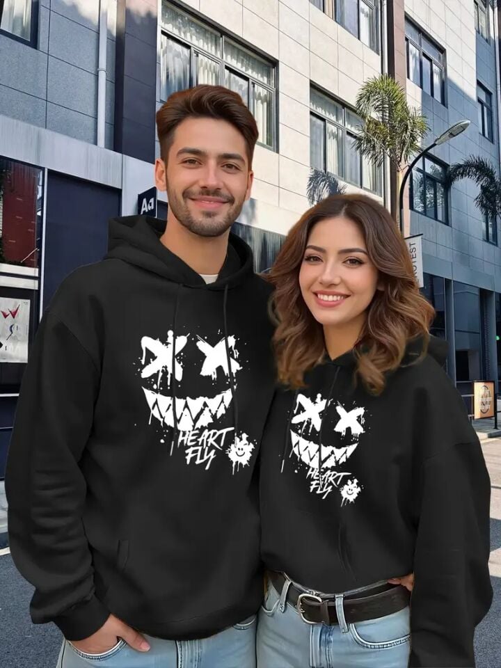 Sevgili Kombini Oversize Hoodie – Heart Fly Gülüş Baskılı 3 İplik Unisex Sweatshirt 2'li