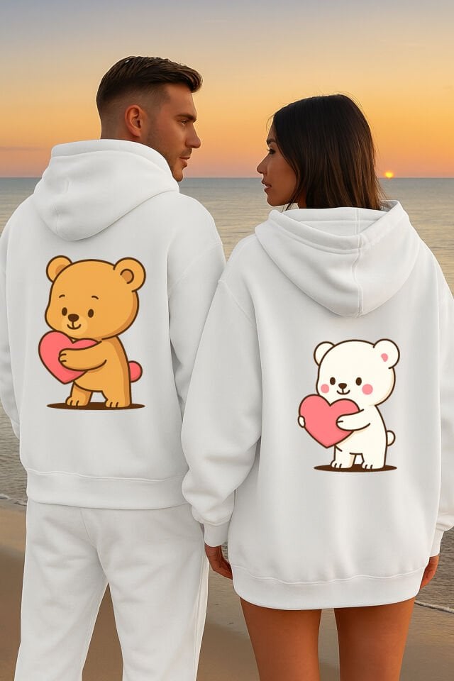 Ayıcık Baskılı Sevgili Kombini Hoodie | Unisex Oversize Çift Sweatshirt 2’li Set