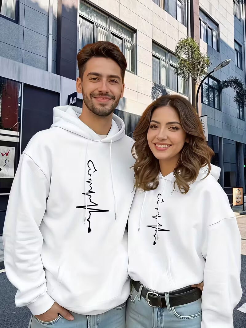 Sevgili Çift Kombini 2’li Kalp Atışı Desenli Unisex Sweatshirt – Minimal Aşk Tasarımı