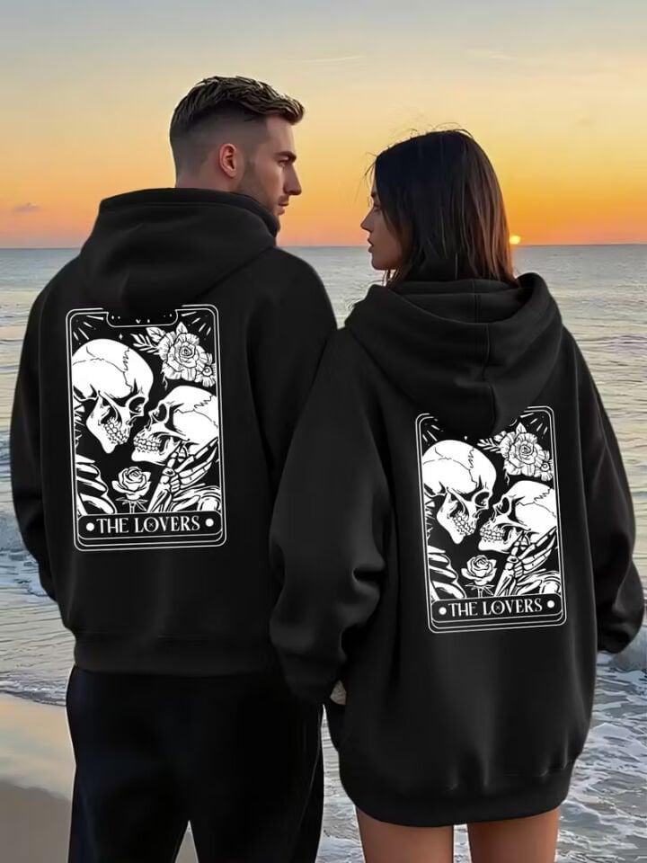 Sevgili Çift Kombini 2’li The Lovers Baskılı Unisex Oversize Sweatshirt – Skull Aşk Tasarımı