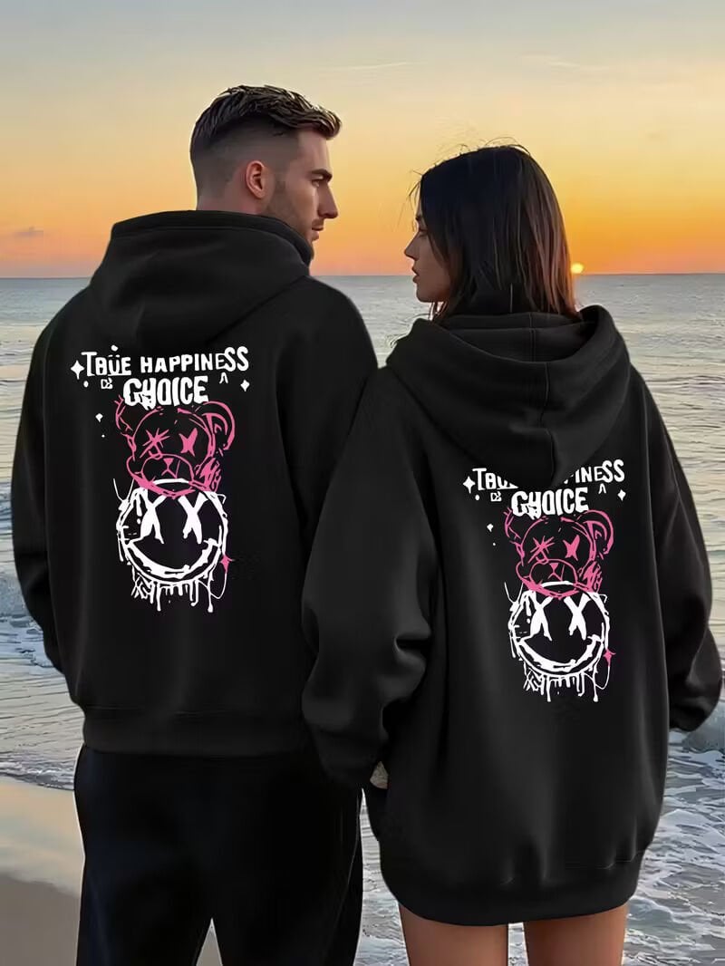Sevgili Çift Kombini 2’li True Happiness Baskılı Unisex Sweatshirt – Renkli Street Tarz