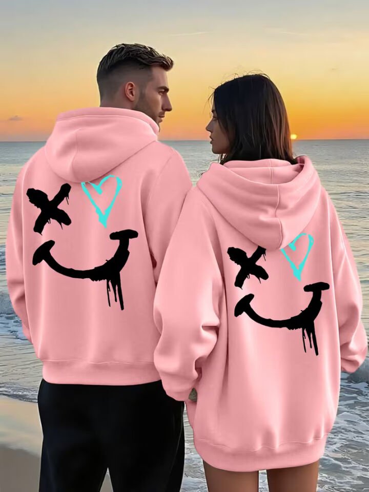 Sevgili Çift Kombin Oversize Hoodie – Kalp ve Gülümseyen Yüz Baskılı Unisex Kapüşonlu Sweatshirt 2’li Set