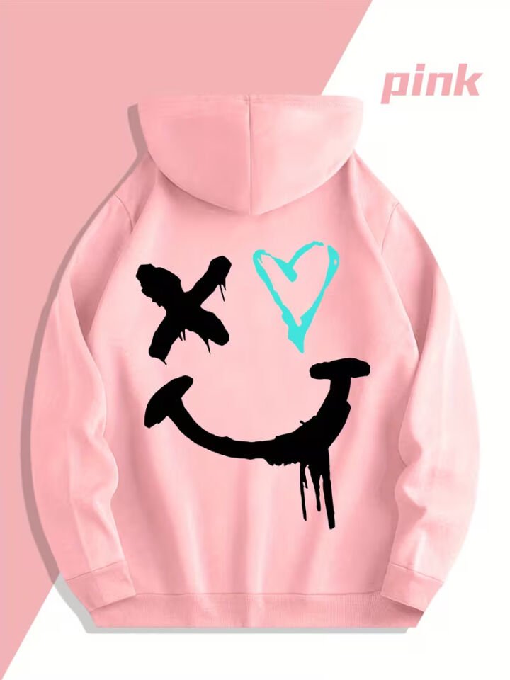 Sevgili Çift Kombin Oversize Hoodie – Kalp ve Gülümseyen Yüz Baskılı Unisex Kapüşonlu Sweatshirt 2’li Set