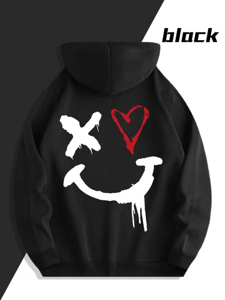 Sevgili Çift Kombin Oversize Hoodie – Kalp ve Gülümseyen Yüz Baskılı Unisex Kapüşonlu Sweatshirt 2’li Set