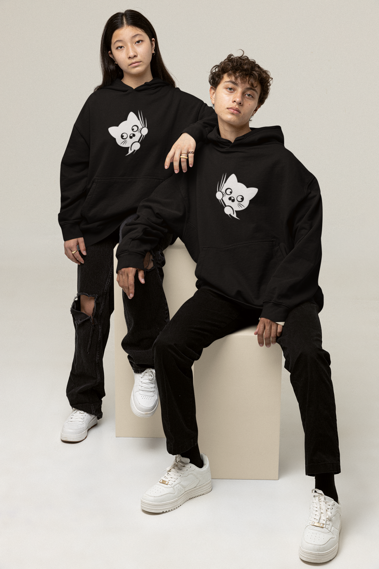 Sevgili Çift Kombini Sevimli Cat Ön Baskılı Kapüşonlu Sweatshirt 2li Set Takım Siyah - L
