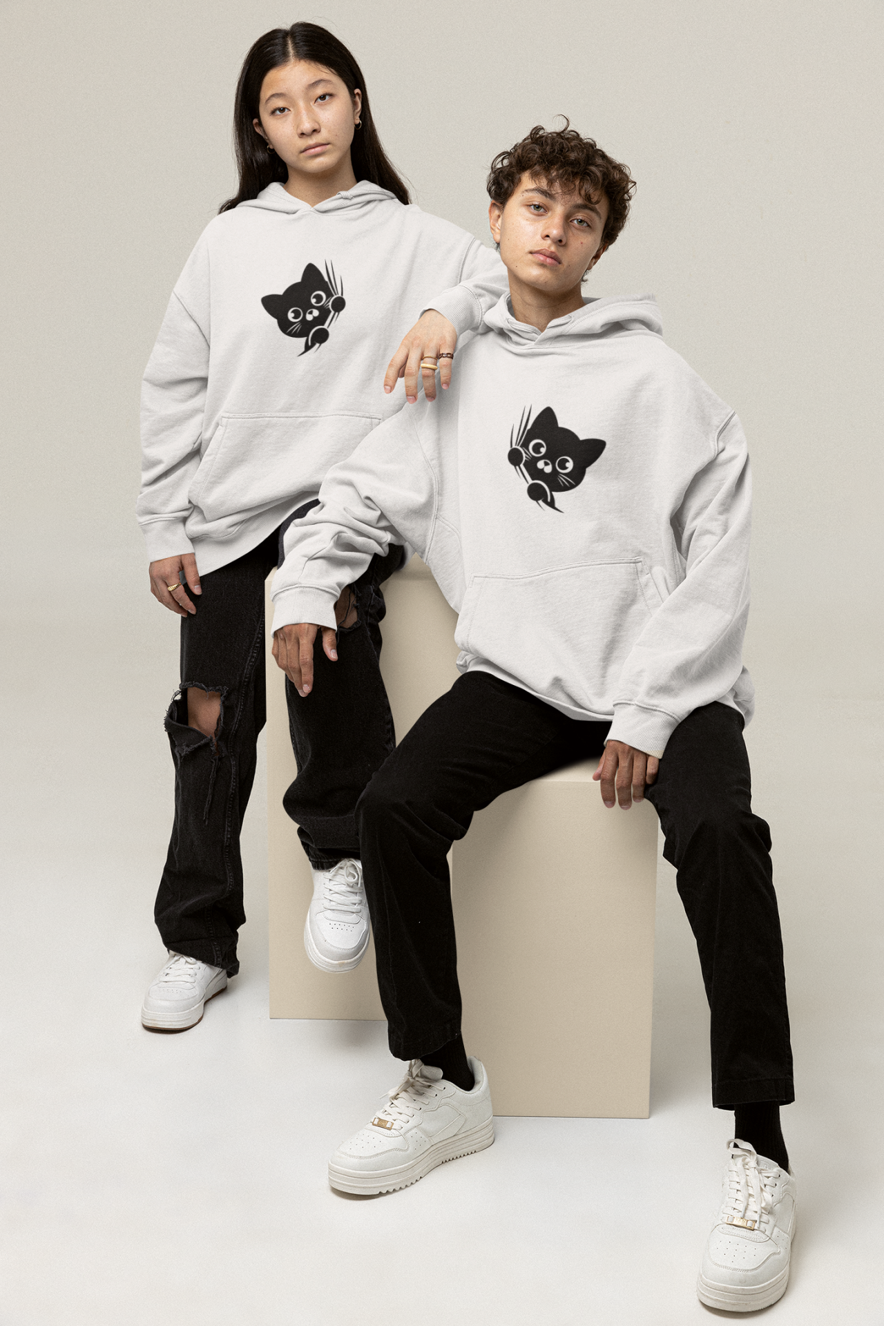 Sevgili Çift Kombini Sevimli Cat Ön Baskılı Kapüşonlu Sweatshirt 2li Set Takım Beyaz - M/L